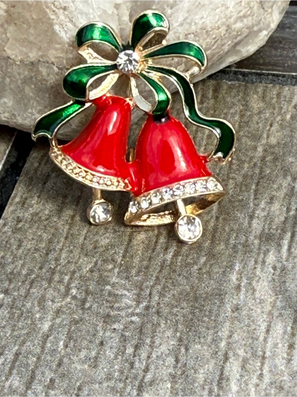 NWT Festive Red Bell Brooch with Green Enamel Bow - Holiday Jewelry Moving